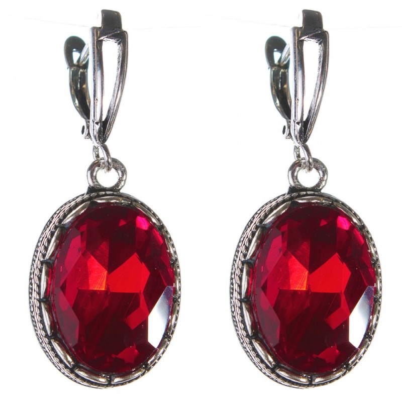 Earrings with crystals 'Ruby' red bezel tooth oval 2 × 1.5 cm