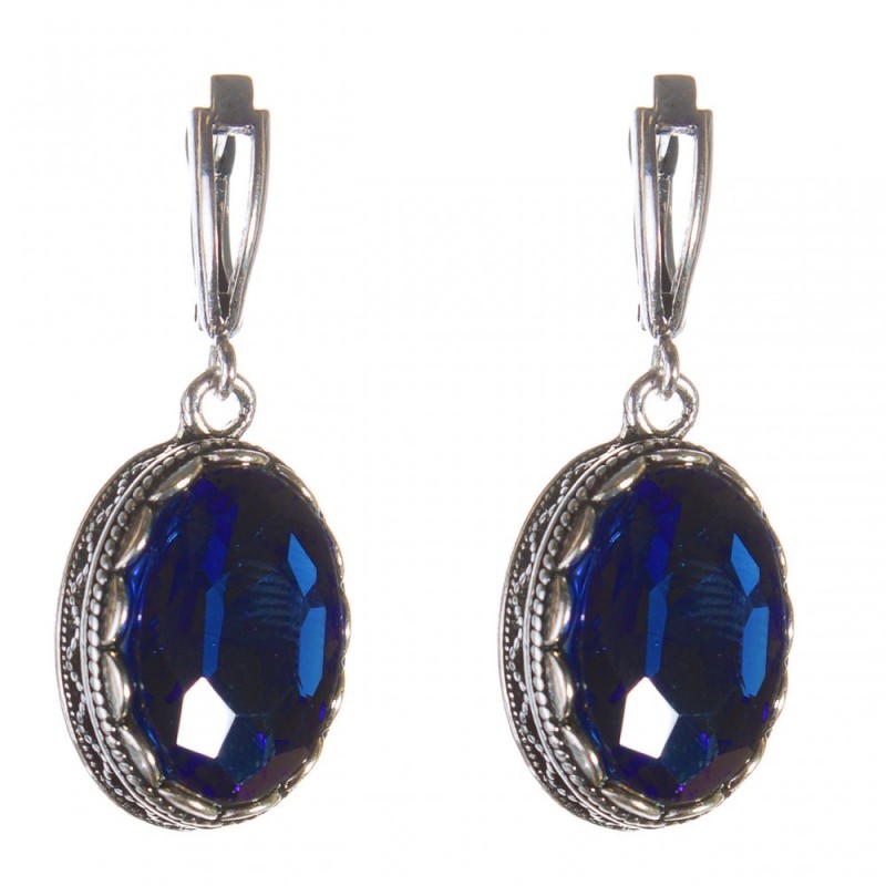 Earrings with blue crystals set in a "tooth" bezel, oval stone 2 × 1.6 cm, length 4 cm