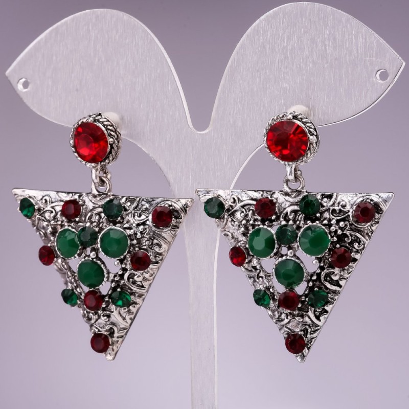 Earrings Crystal 4 cm Elegant with green and red crystals triangles