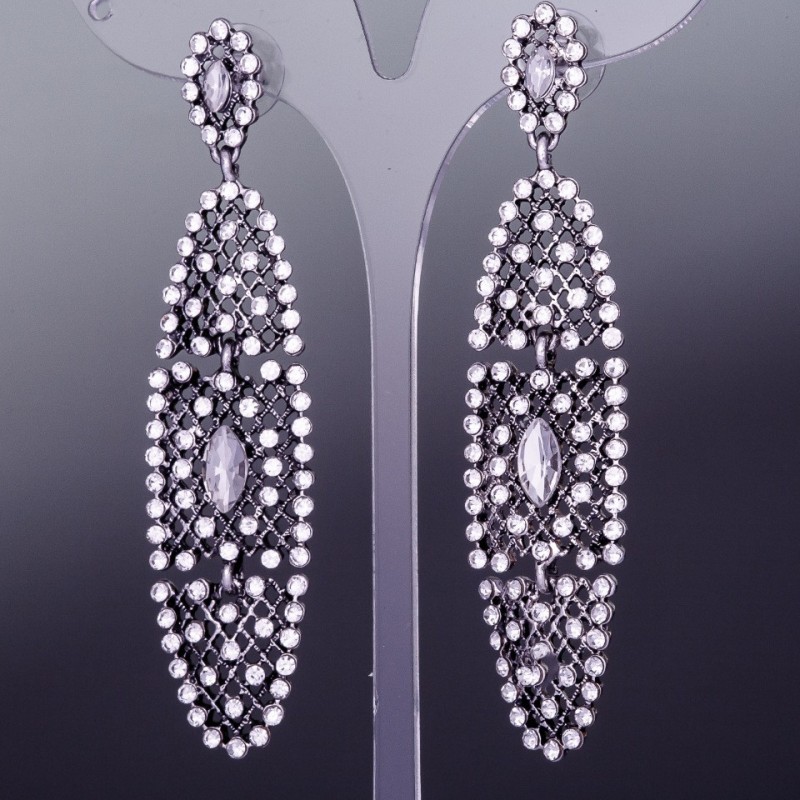Earrings with white crystals "Mesh" Silver