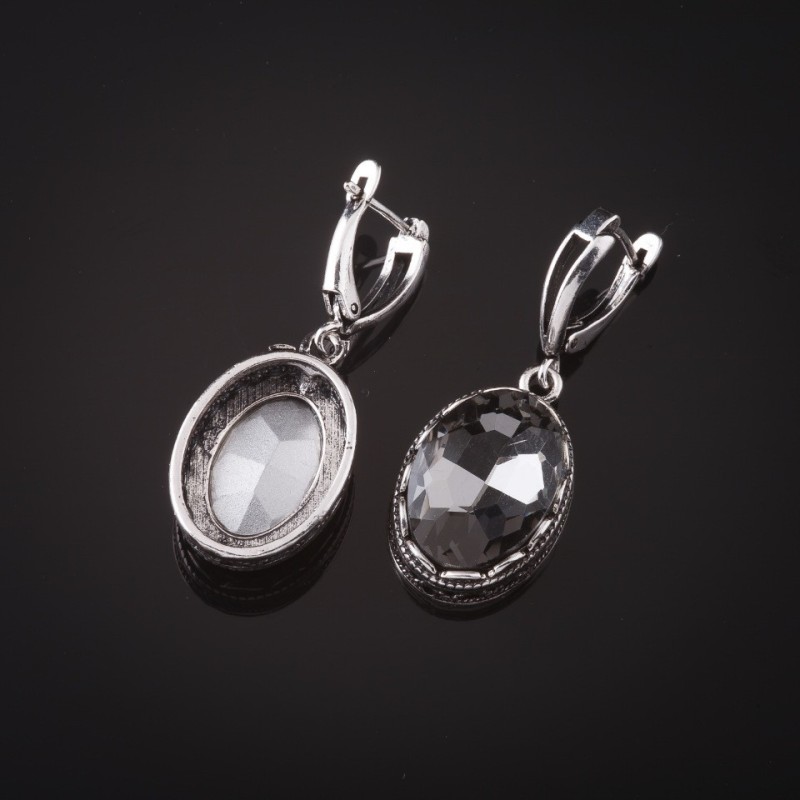 Earrings with grey crystals, bezel "tooth" oval stone 2 × 1.6 cm, length 4 cm