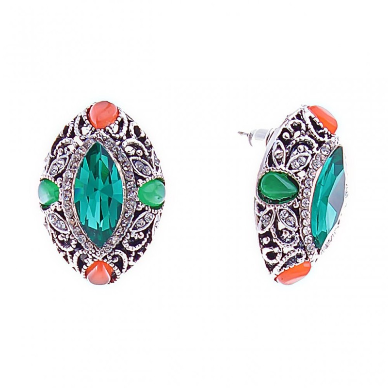 Stud Earrings with Green Crystals - Marquis Cut, Pavé Setting, 26 x 19 mm