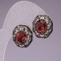 Stud earrings with pink oval crystals and lace-like bezel set with rhinestones, 17mm
