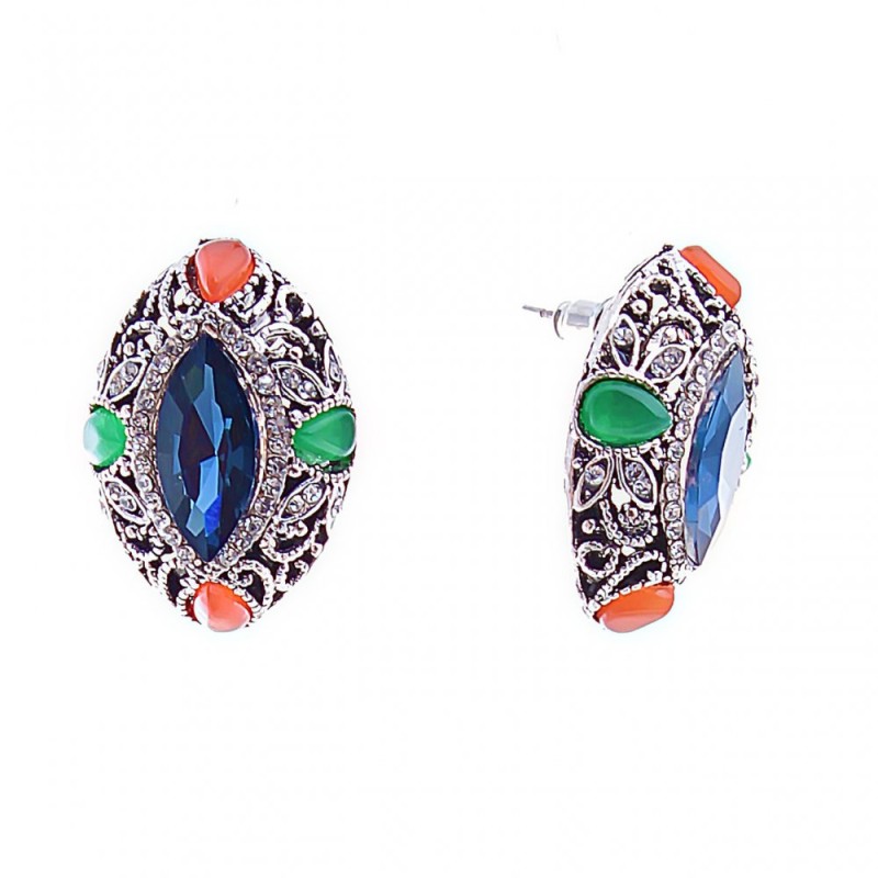 Stud Earrings with Blue Crystals - Marquis, Crystal Setting, 26 × 19 mm