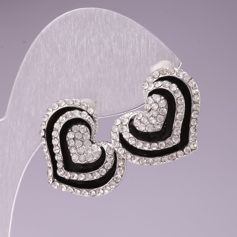 Stud Earrings 'Heart' Evening / black enamel / white rhinestones / metal resembling 'silver' / 25mm
