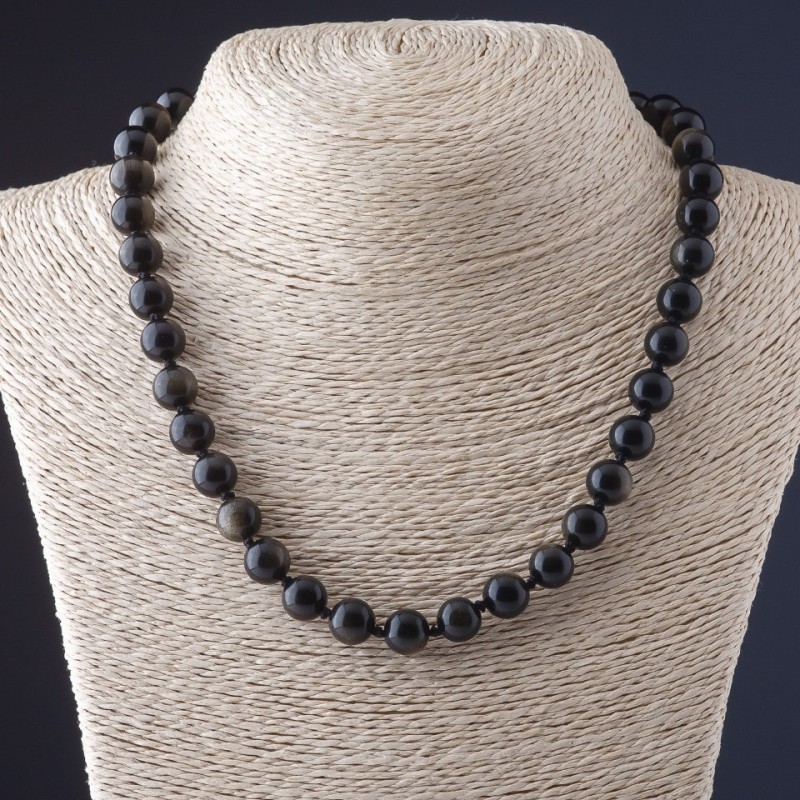 Necklace Sunstone Obsidian Bead Smooth Sphere 10mm Diameter, 45cm Length
