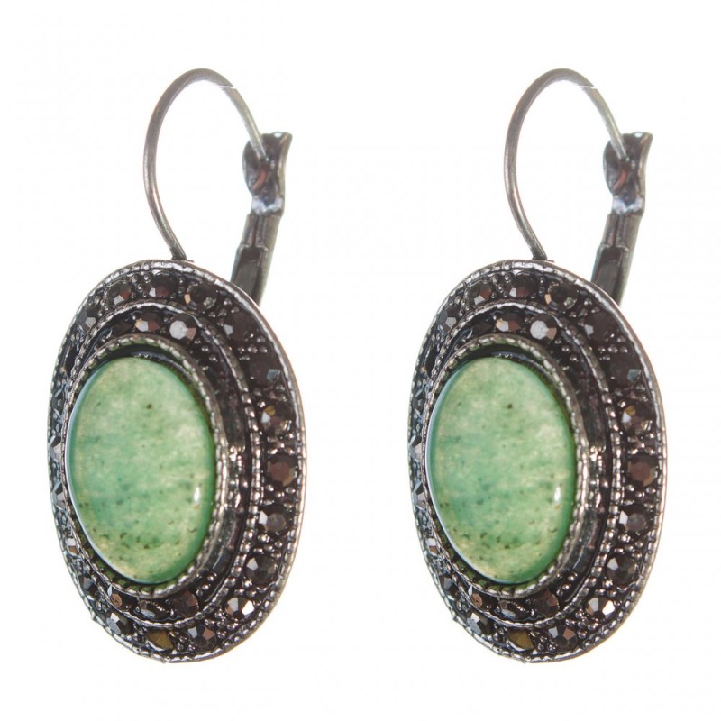 Clearance Jade Earrings, "Drip Silver" Setting, Oval Stone 2.5x1.9cm, Length 3.5cm