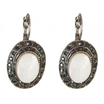 Clearance Earrings Mother-of-P pearl Setting "drip silver" Oval Stone 2.5×1.9cm, length 3.5cm