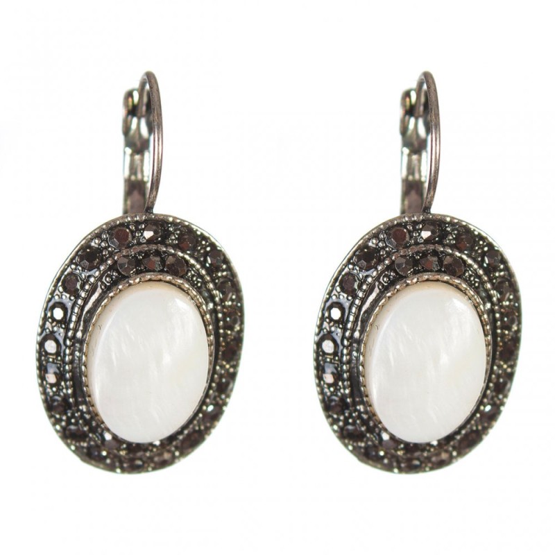 Clearance Mother-of-Pearl Earrings, "Drip Silver" Setting, Oval Stone 2.5x1.9cm, Length 3.5cm