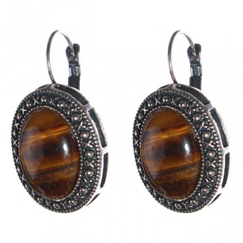 Clearance. Tiger's Eye Earrings in bezel setting “dot cross” oval stone 2.5×2 cm, length 3.8 cm