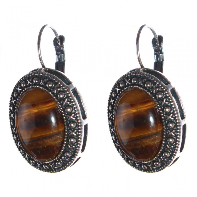 Clearance. Tiger's Eye Earrings in bezel setting “dot cross” oval stone 2.5×2 cm, length 3.8 cm