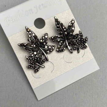 (25/20mm) Earrings with double leaf, black rhinestone