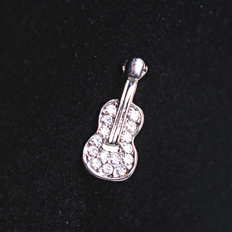 Brooch Guitar small, Silver-toned metal with crystals 2.5 cm