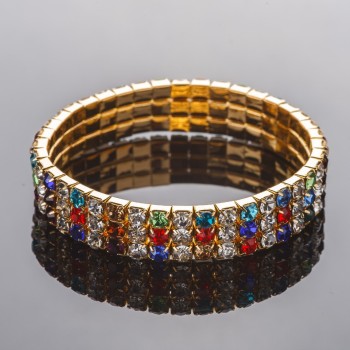 Crystal bead bracelet with three rows stretch gold-tone multicolor