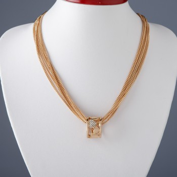 Layered Chain Necklace with "Ring" Pendant, 45cm length, metal tone