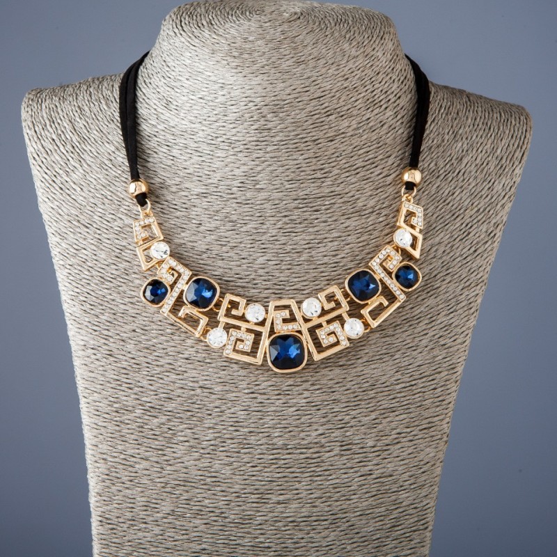 Ribbon Necklace with Blue Crystals, 50 cm length - metal colour "gold"