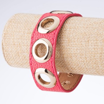 Tin Tin Bracelet, Studded Eco-Leather with Snap Buttons, Pink, Metal Colour "Gold", Width 2.5 cm, Length 18-23cm