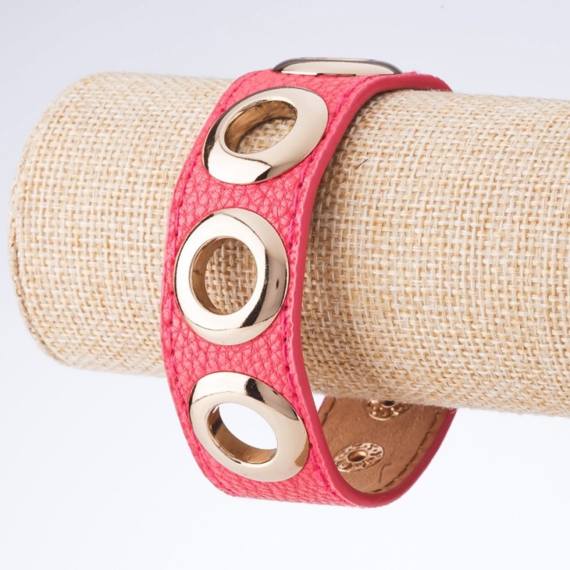 Tin Tin Bracelet, Studded Eco-Leather with Snap Buttons, Pink, Metal Colour "Gold", Width 2.5 cm, Length 18-23cm