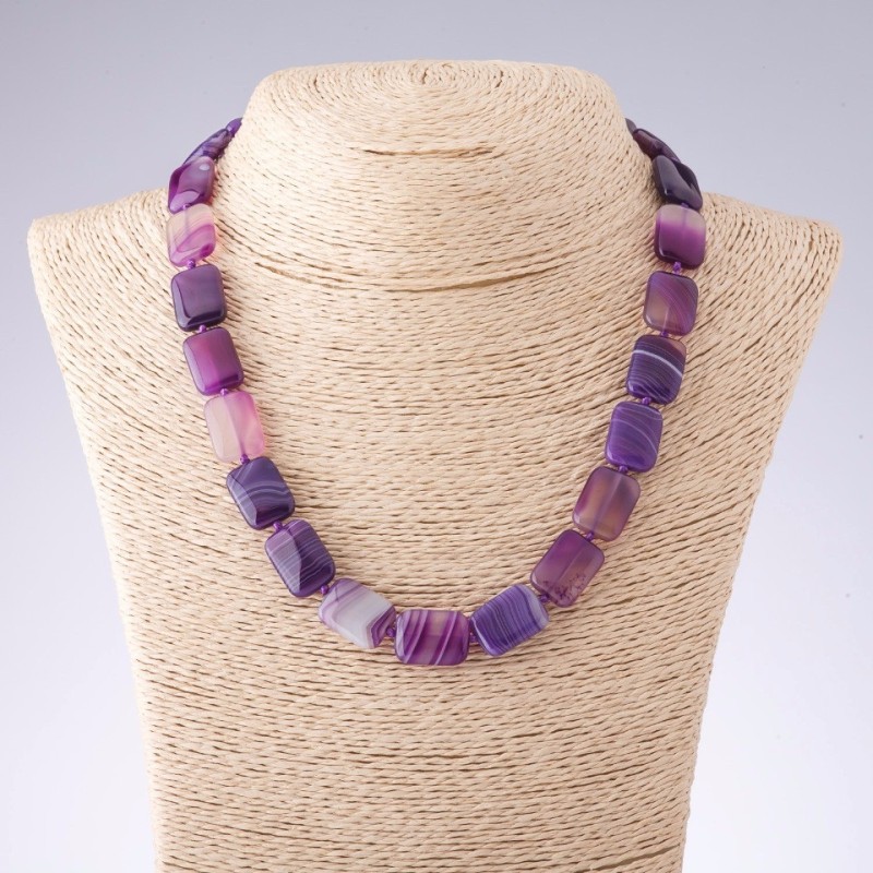 Purple-Tone Agate Necklace, Rounded Rectangle, 13x18mm, 47cm Length