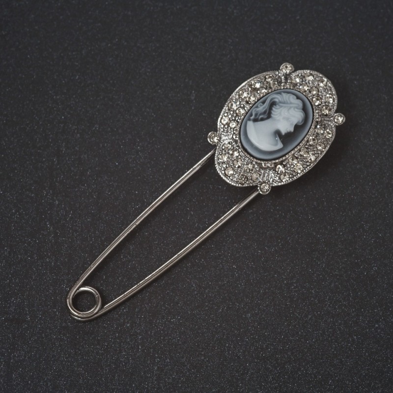 Cameo Pin Brooch with Rhinestone Frame, Silver-Tone Metal, 8cm