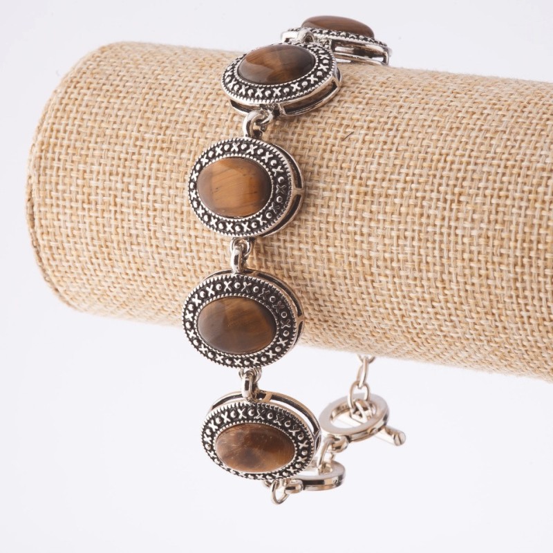 Clearance Bracelet Tiger's Eye Setting "Dot Cross" Oval Stone 22*18mm 7 pcs, Length 20-22cm