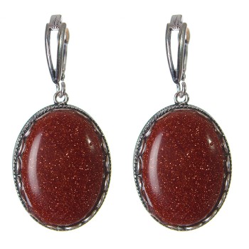 Clearance Aventurine "Golden Sand" Earrings, "Prong" Setting, Oval Stone 2.8x2.1cm, Length 4.5cm