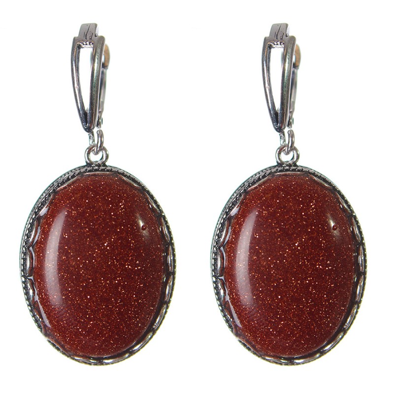 Clearance Aventurine "Golden Sand" Earrings, "Prong" Setting, Oval Stone 2.8x2.1cm, Length 4.5cm