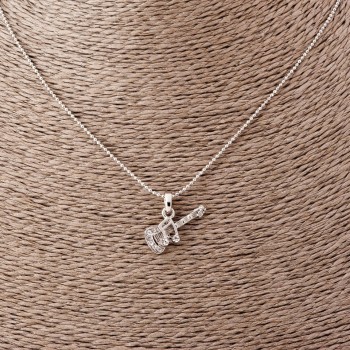 Guitar with Music Note Pendant on Figaro Chain, 52cm length, 2x1.2cm diameter, silver-toned metal