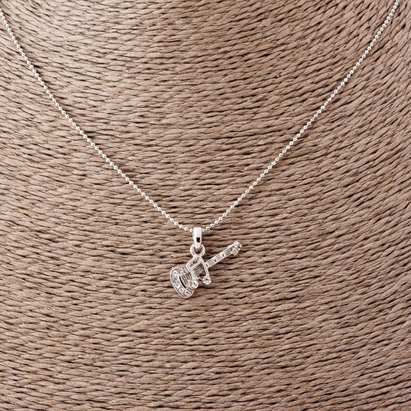 Guitar with Music Note Pendant on Figaro Chain, 52cm length, 2x1.2cm diameter, silver-toned metal