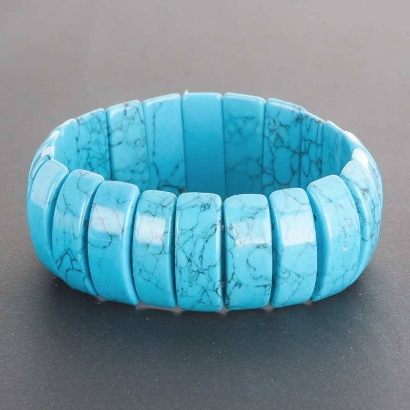Bracelet Turquoise (natural) on elastic, gloss, rectangular convex linked 0.8 x 2.3 cm
