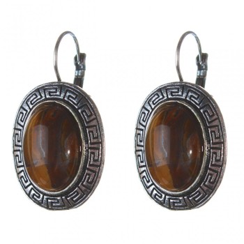 Clearance. Tiger’s Eye Earrings in Greek Setting, Oval Stone 2.3×2.8 cm, length 4 cm