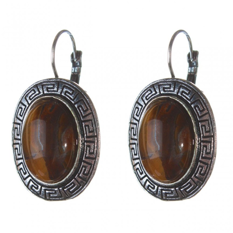 Clearance. Tiger’s Eye Earrings in Greek Setting, Oval Stone 2.3×2.8 cm, length 4 cm