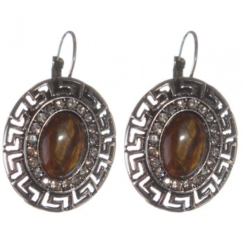 Sale. Tiger's Eye Earrings in Greek Frame with Crystals, Oval Stone 2.5×3 cm, Length 3.9 cm