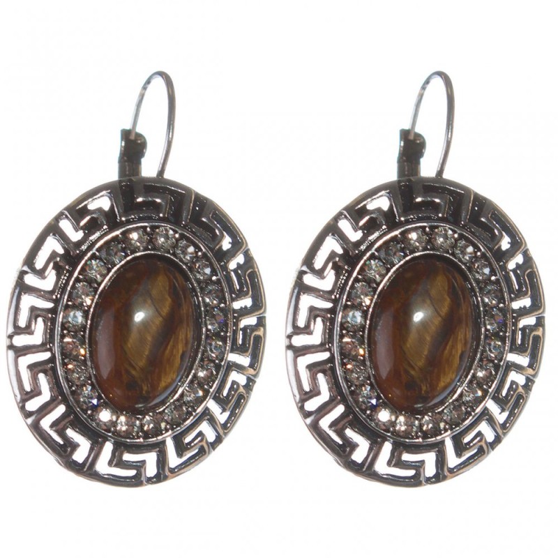 Sale. Tiger's Eye Earrings in Greek Frame with Crystals, Oval Stone 2.5×3 cm, Length 3.9 cm