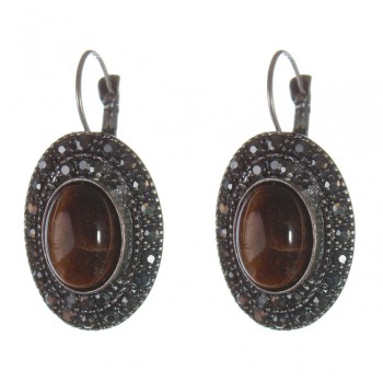 Clearance Tiger's Eye Earrings, "Drip Silver" Setting, Oval Stone 2.5x1.9cm, Length 3.5cm