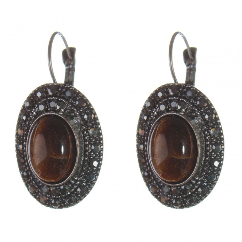 Clearance Tiger's Eye Earrings, "Drip Silver" Setting, Oval Stone 2.5x1.9cm, Length 3.5cm