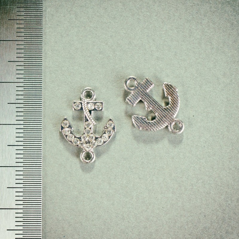 Pendant Connector Finding "Anchor", Rhinestones, Silver Metal Colour, 1.8x1.3mm, Pack of 4