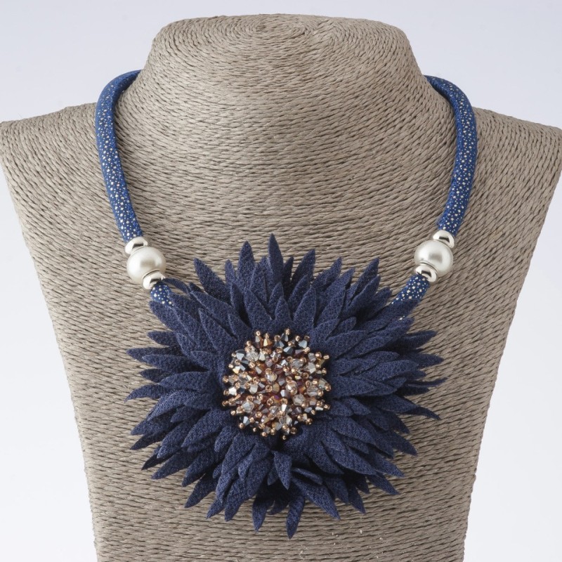 Chrysanthemum Cord Necklace, Textile, Fashion, Blue, length 48-55cm