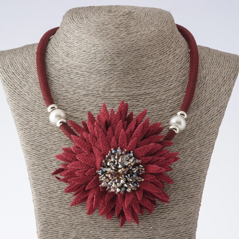 Chrysanthemum Cord Necklace, Textile, Fashion, Burgundy, length 48-55cm