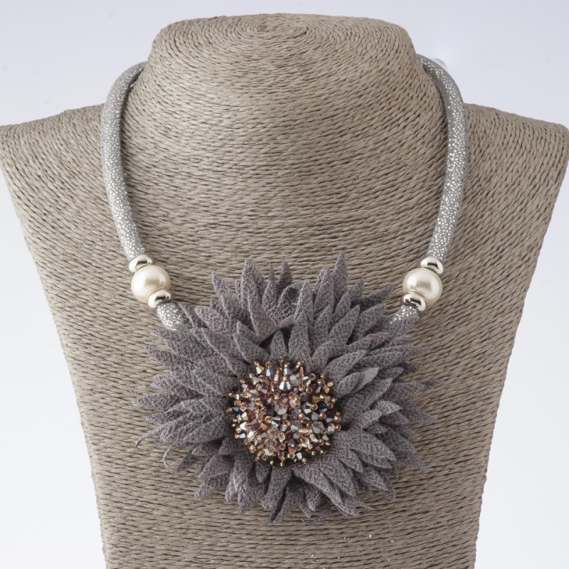 Choker on cords Chrysanthemums grey textile fashion, length 48-55cm