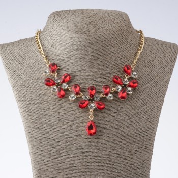 Necklace on Chain "Monaco" with Red Crystal Drops, Length 40-52cm, Metal Colour "Gold"