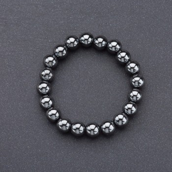 Natural Stone Bracelet Hematite on Elastic, Smooth Bead, diameter 10mm