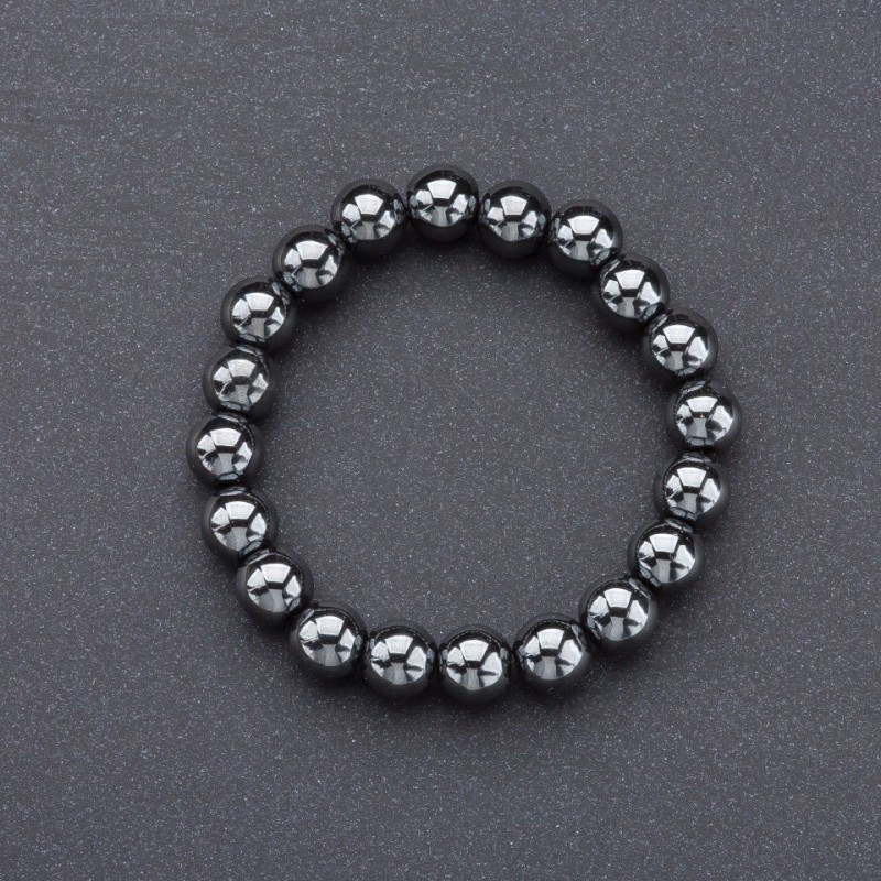Natural Stone Bracelet Hematite on Elastic, Smooth Bead, diameter 10mm