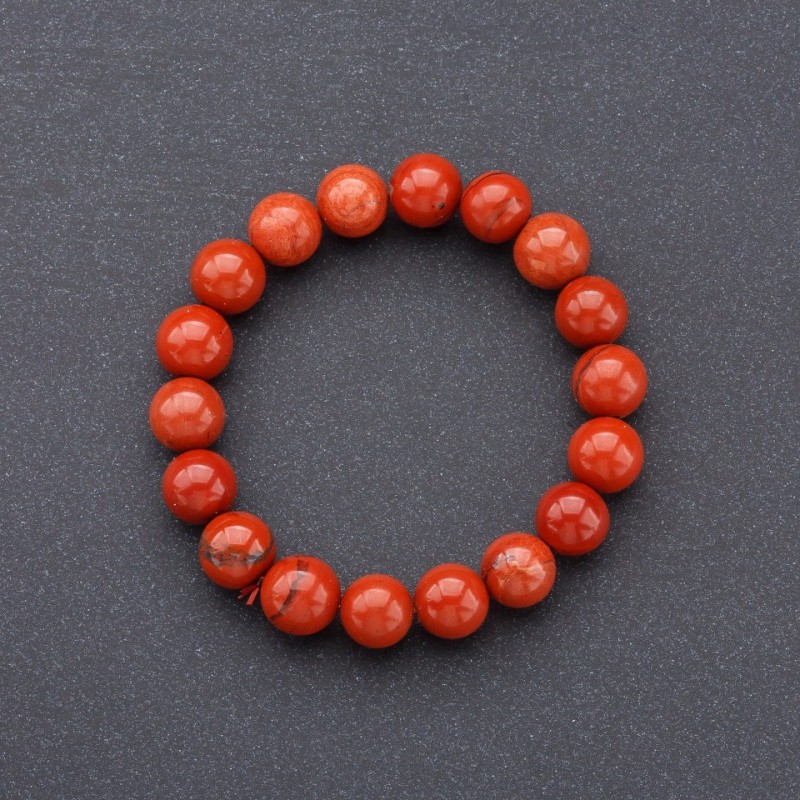 Elastic Bracelet, Natural Red Jasper, Smooth Beads, 10mm Diameter