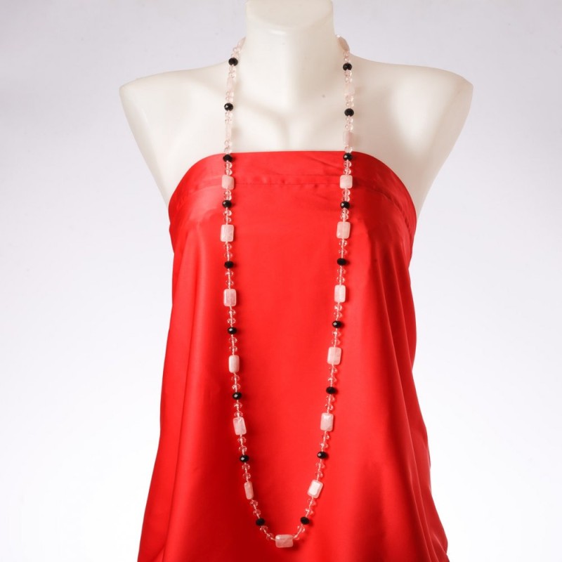 Clearance Long Necklace "Orion Constellation", Natural Rose Quartz Stone, Czech Crystal, length 120cm