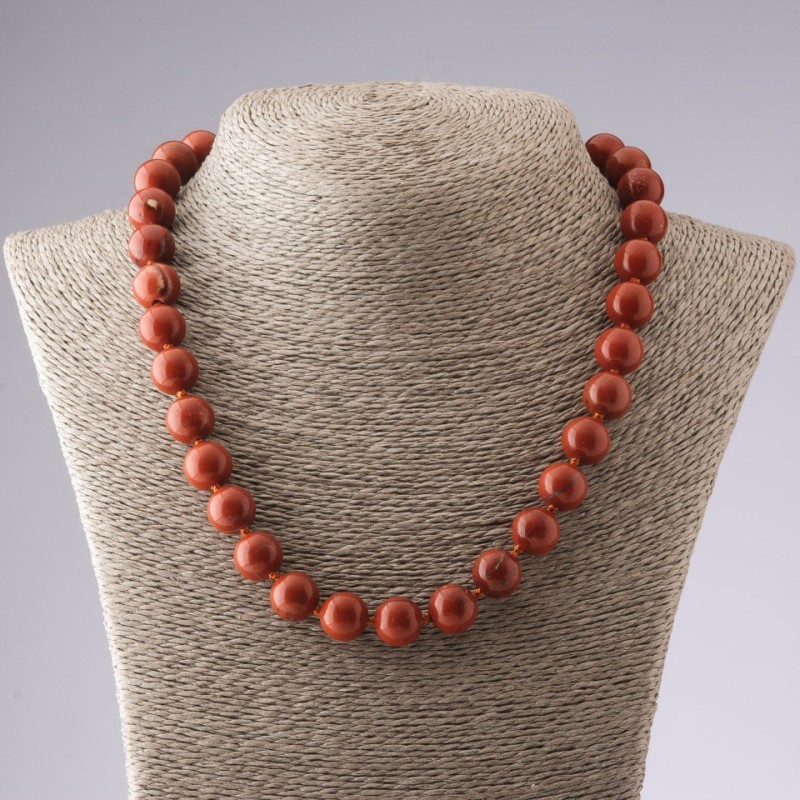 Necklace Natural Stone Red Jasper, Smooth Round Beads, diameter 12mm, length 50cm