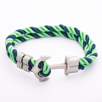Women's "Anchor" Bracelet, Blue-Green Braided Textile Cord, Metal Colour "Matte Silver", Length 22cm