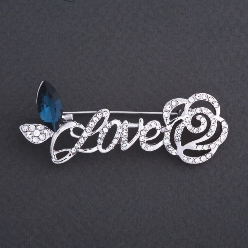 Sale! "Love with Rose" Brooch, Blue Crystal, 6×3cm, Silver-Coloured Metal