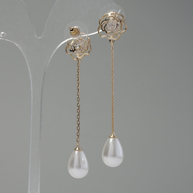 Long Hi-Tech Rose Earrings, Gold, 7cm