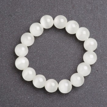 Women's White Cat's Eye Stone Bracelet, 10mm Diameter on Elastic, 18cm Length